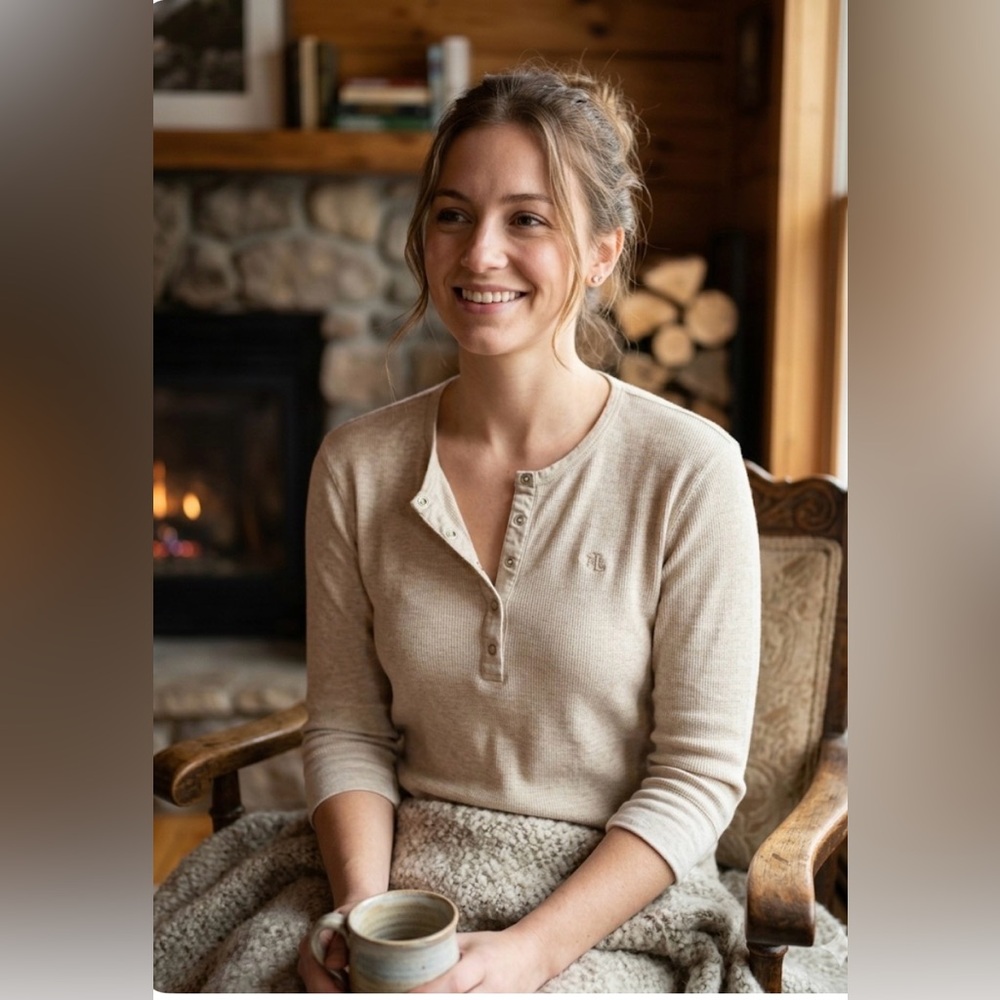 Ralph Lauren thermo Tan Beige 3/4-Sleeve Henley Shirt